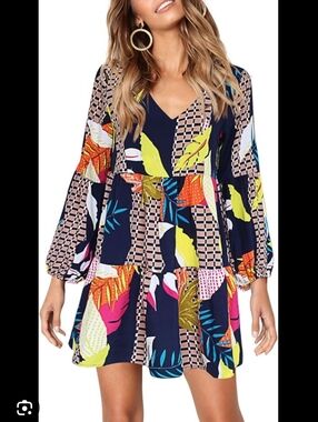 Bold Abstract Print Long Sleeve Tiered Dress Flowing Fit Vibrant Multicolor Smal